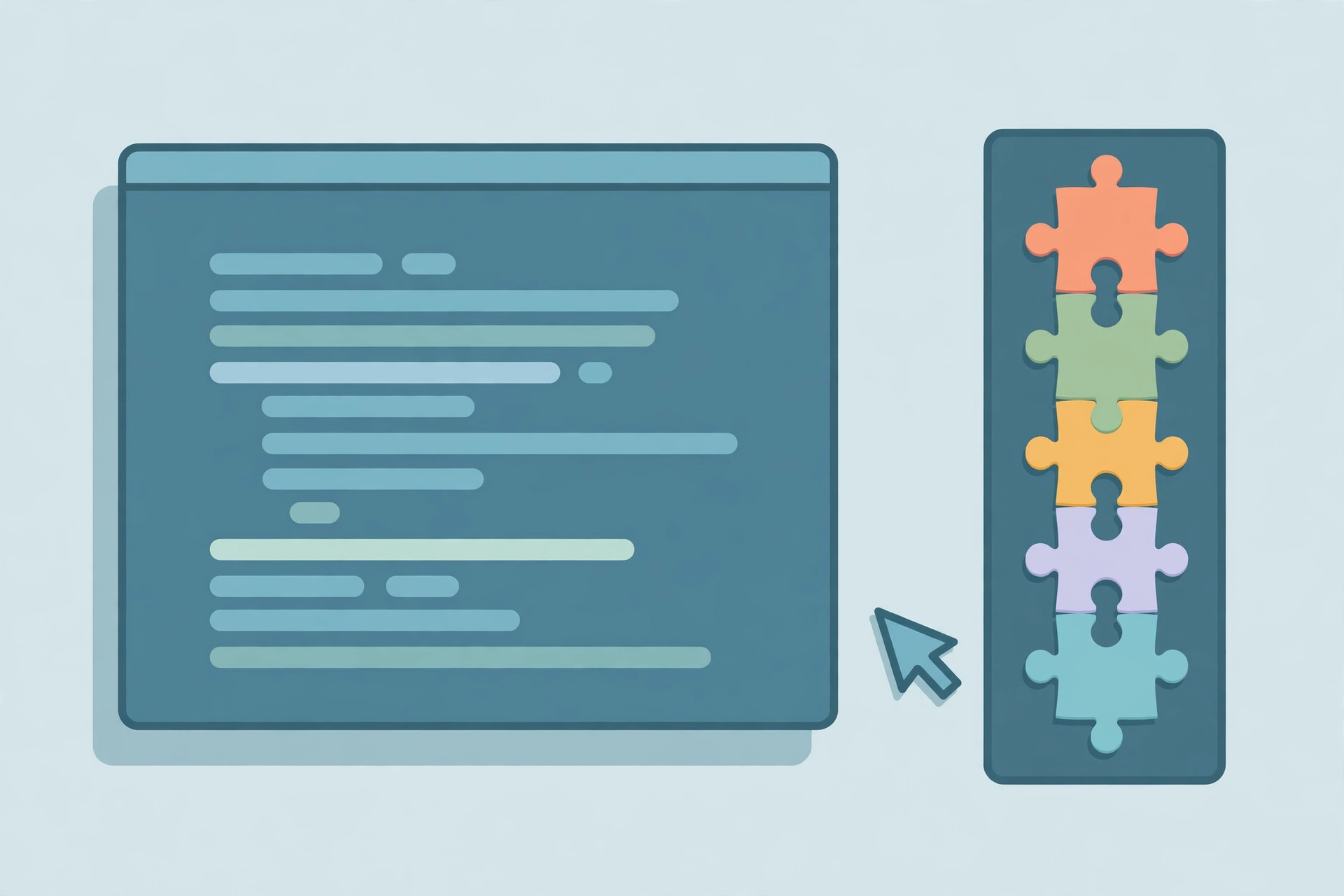 Illustration of a code editor window with puzzle-piece extension icons